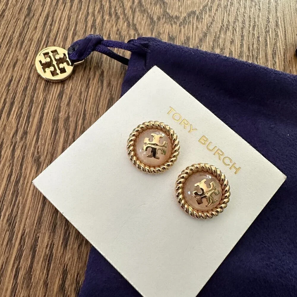 NEW！Tory Burch Roxanne Rope Circle-Stud Earrings -Mother Pearl or Pink Resin
